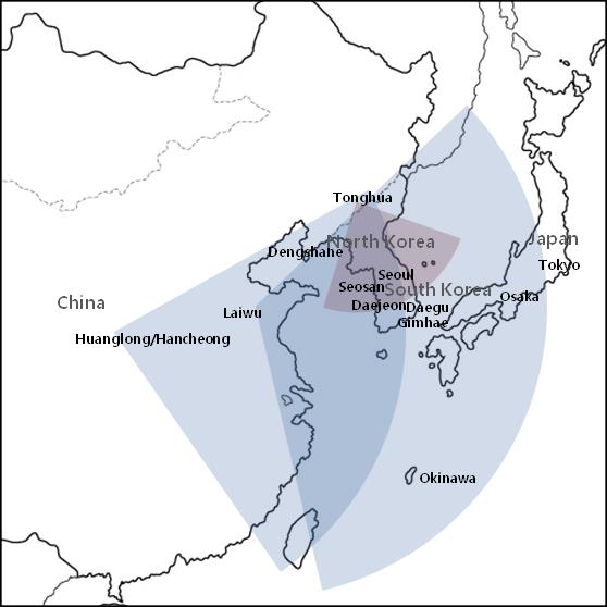 Figure 4 Interception Range of Missiles at 51st Base against Korean Peninsula (DF-15 and DF-21)
